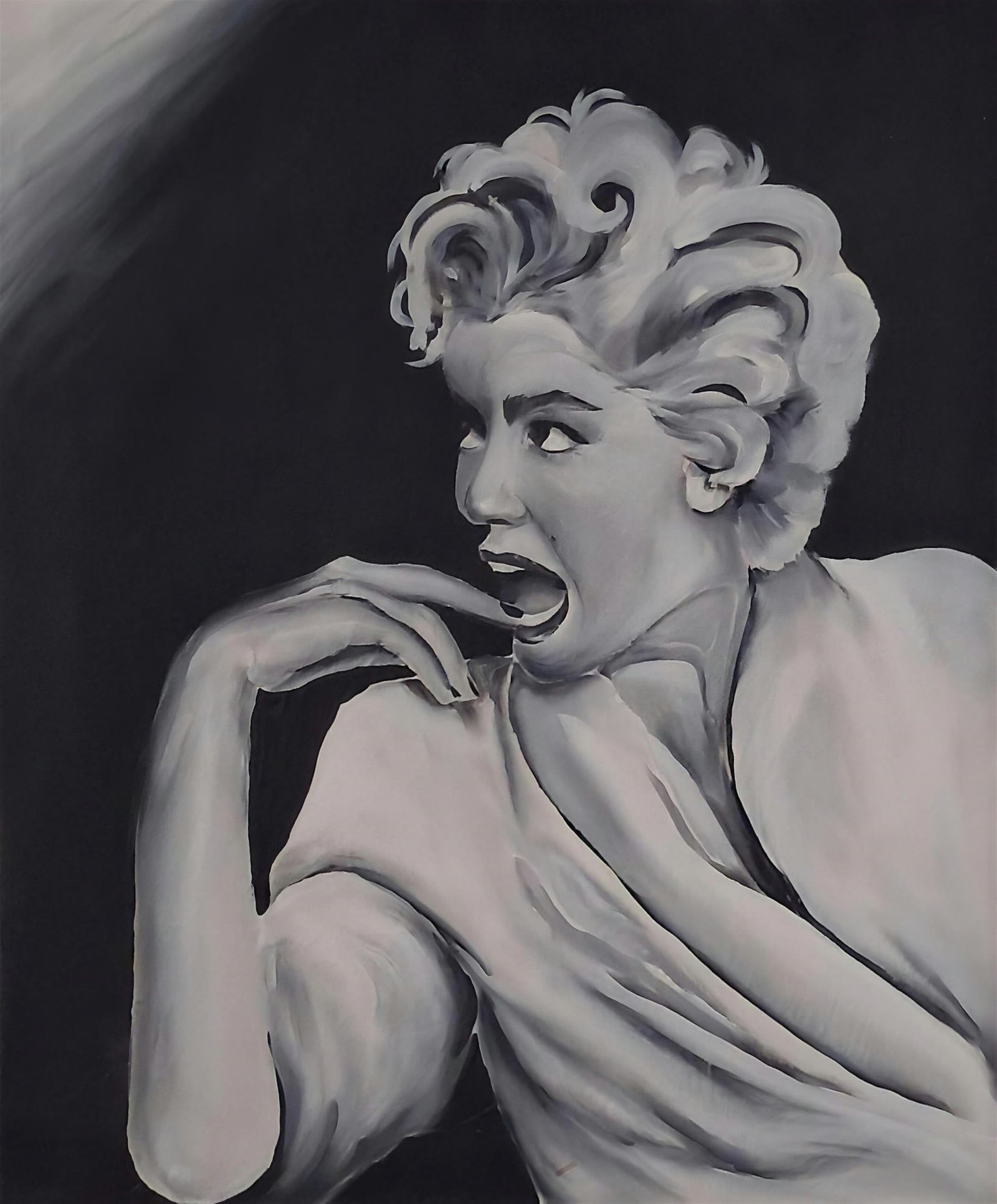 Icône, acrylique sur toile : un hommage en noir et blanc à l'icône hollywoodienne, tout en clair-obscur.