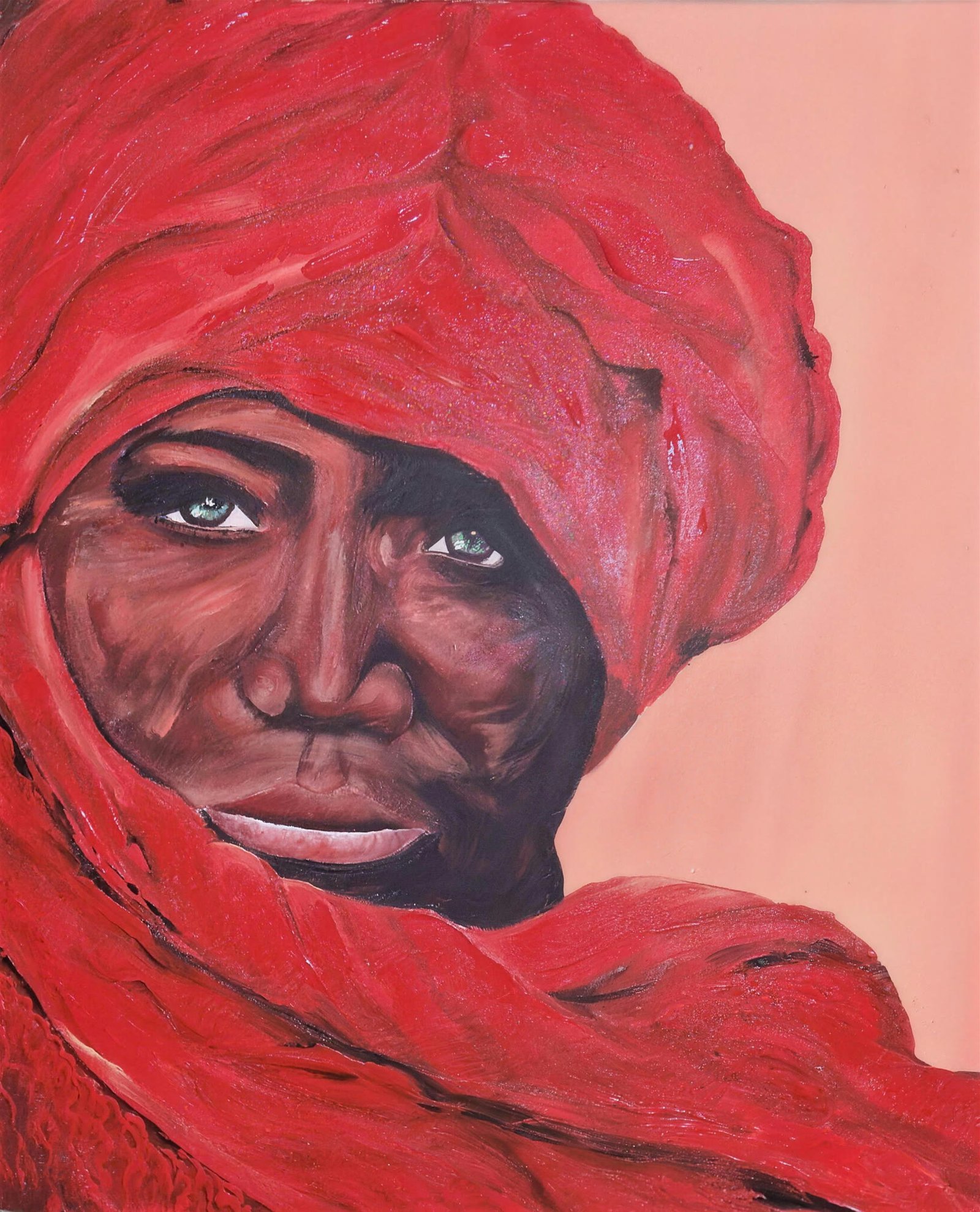 Le Voile Écarlate, acrylique sur toile : un regard vert intense qui perce un drapé de rouge profond.