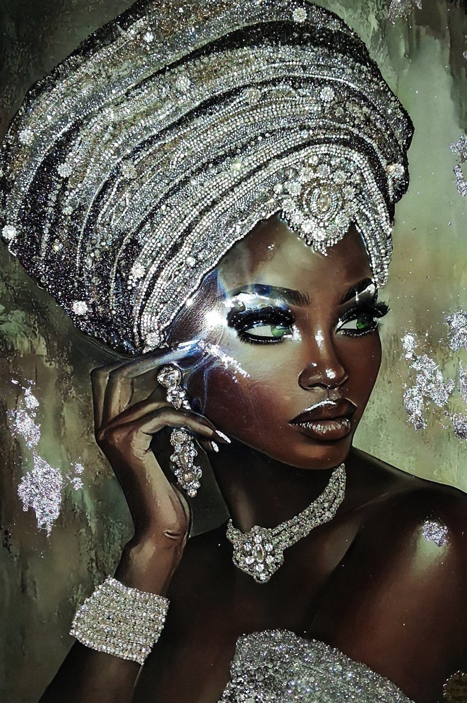 Le Turban de Cristal, acrylique et relief résine époxy sur toile : un turban entièrement serti de cristaux, pour un portrait au glamour absolu.